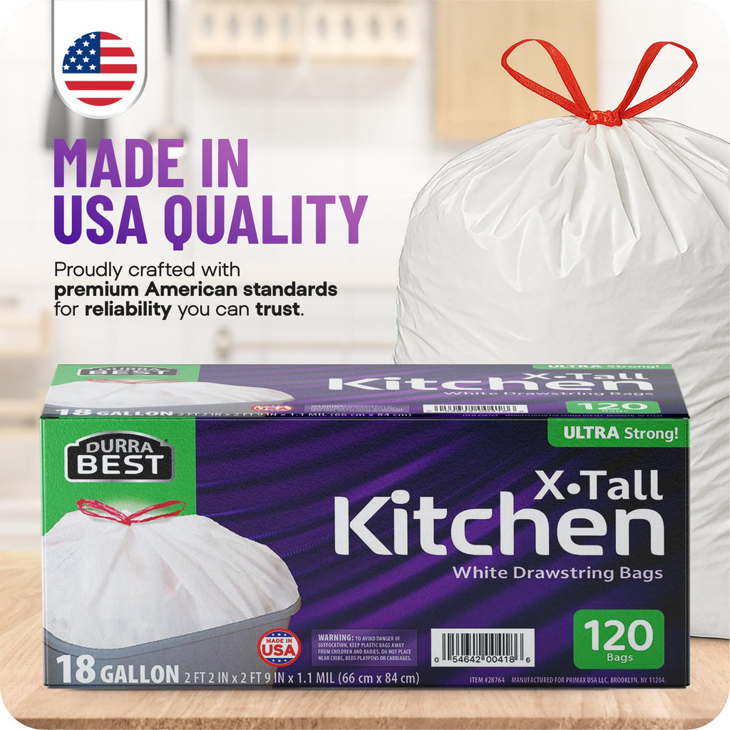 Heavy-Duty Trash Bags – 120 count, 18 Gallon White, Ultra Thick Drawstring Garbage Bags – Leak-Resistant for Home & Commercial Use, Big Trash Bags, Made in USA