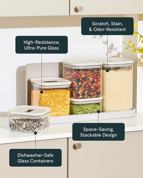 Caraway 1Qt Glass Airtight Food Storage Container - Non-Toxic, BPA-Free, Stackable Kitchen Storage - Cream