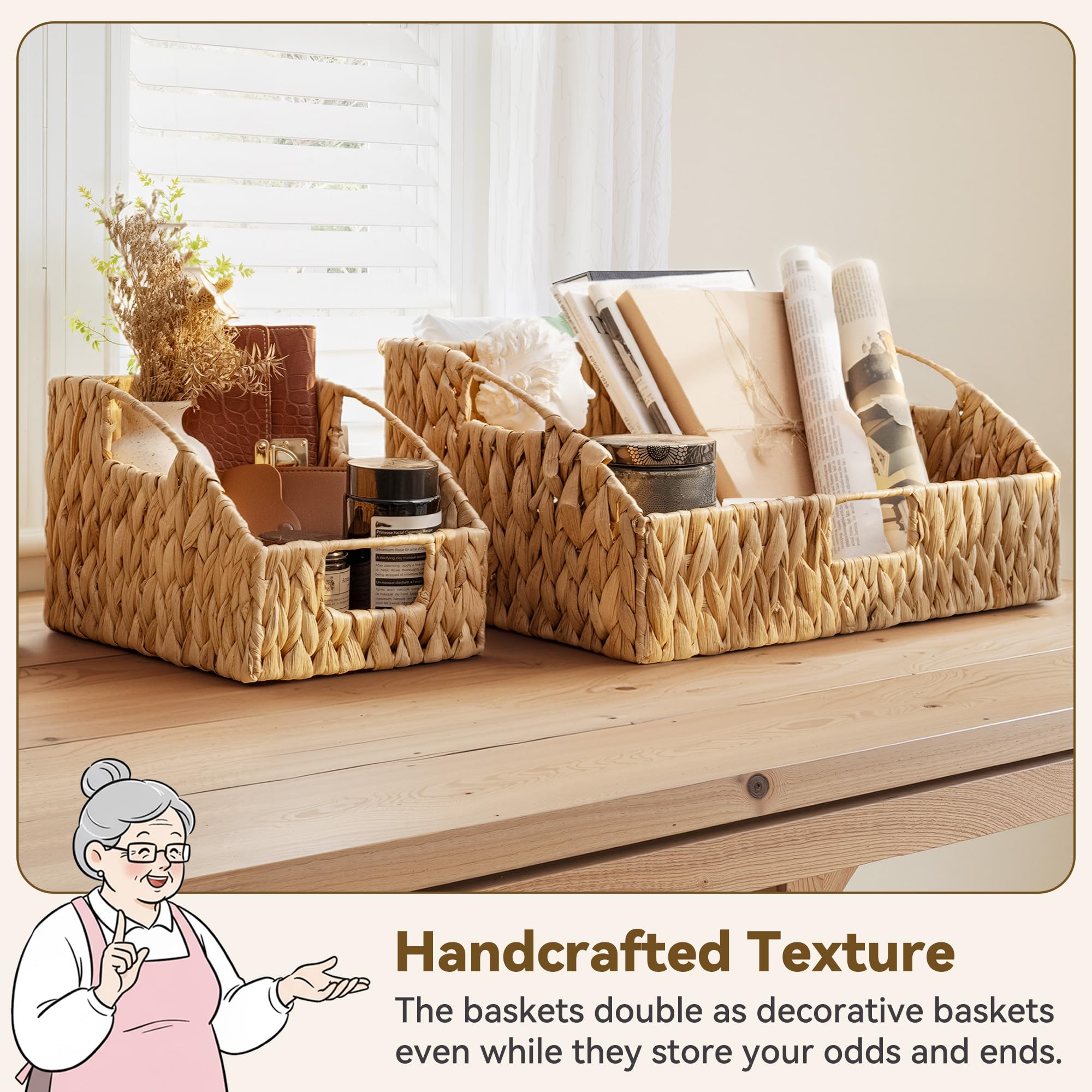 GRANNY SAYS Wicker Storage Basket, Wicker Basket with Handles, Trapezoid Woven Baskets for Shelves, Decorative Baskets for Home Decor, Water Hyacinth, 3 Pack