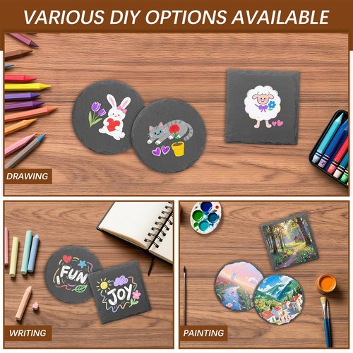 48pcs Slate Coasters, Black 4 Inch Bulk Blank Rock Coasters Blank Laser Engraving, Hand Painted DIY, Scratch Resistant Bottom (24*Square+24*Round)