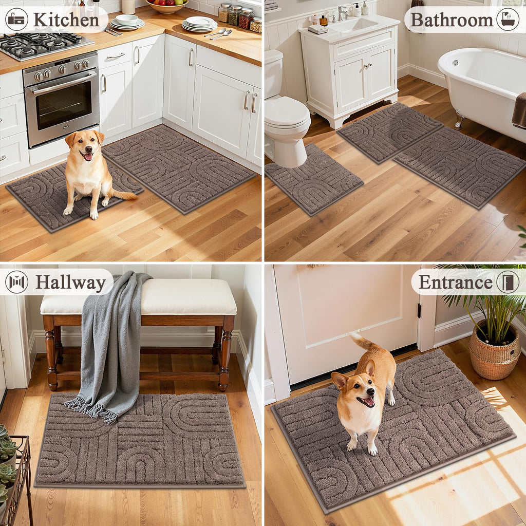 Vaukki Bathroom Rugs Sets 3 Piece, Brown Washable Non Slip Soft Bath Mats for Shower and Tub, Plush Absorbent Microfiber Toilet Rug U Shaped, 32x20+26x18+24x20 Inch