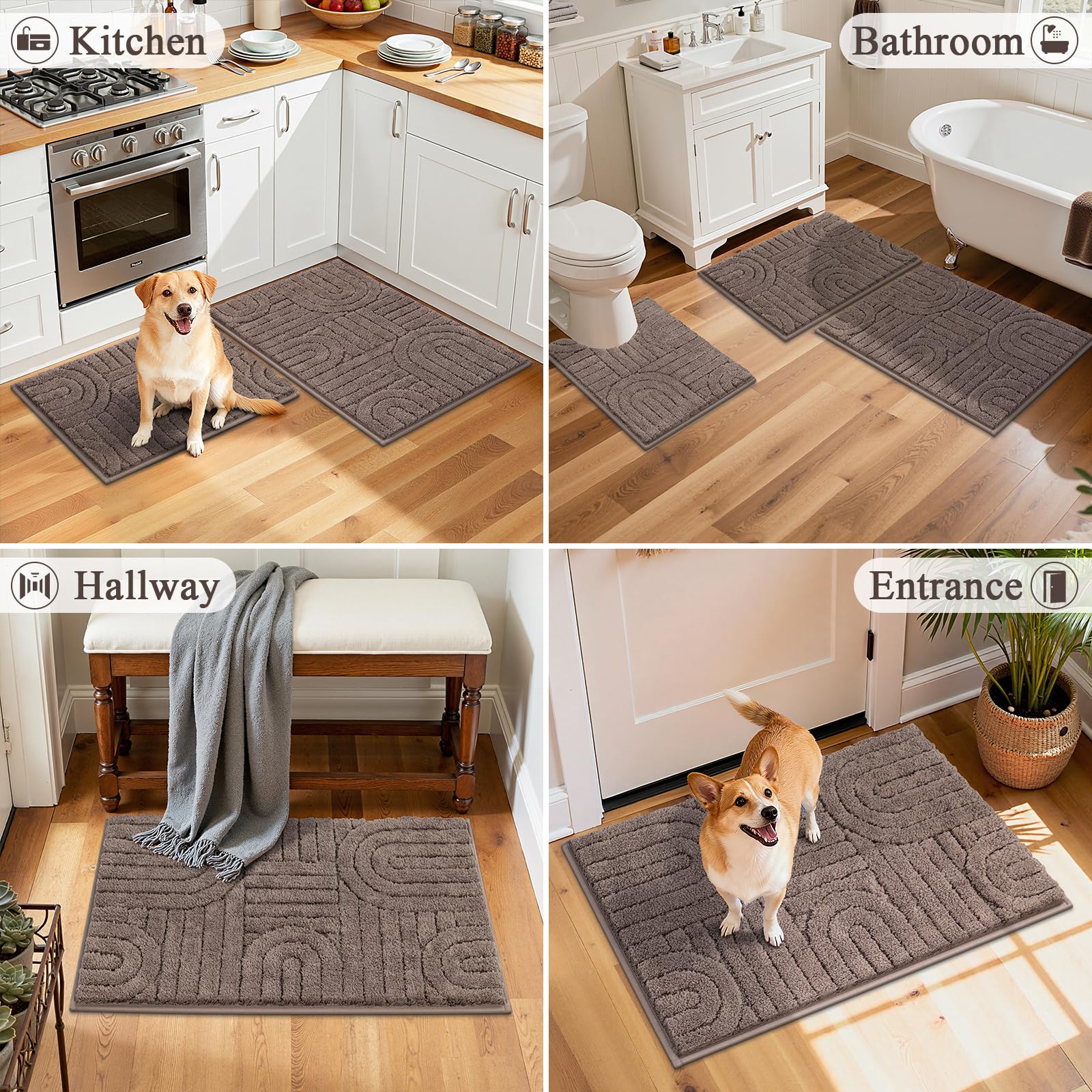 Vaukki Bathroom Rugs Sets 3 Piece, Brown Washable Non Slip Soft Bath Mats for Shower and Tub, Plush Absorbent Microfiber Toilet Rug U Shaped, 32x20+26x18+24x20 Inch