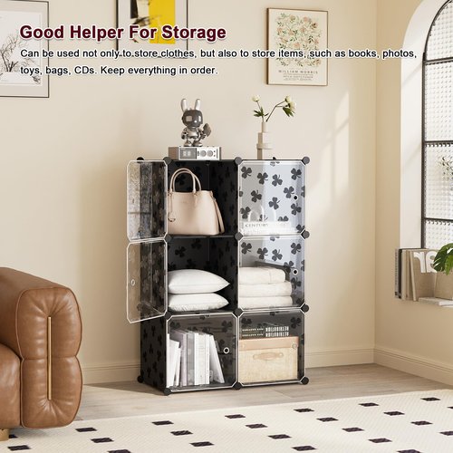 C&AHOME Cube Storage Organizer with Doors, 6-Cube Shelves, DIY Plastic Modular Bookshelf, Closet Clothes Storage Shelving Ideal for Bedroom, Living Room, Clover Embossed, Black