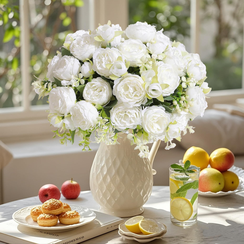 SugarHuLu 12 Bundles Peonies Artificial White Flowers Bouquet, Lifelike Silk Fake Peonies with Stems for Home Table Centerpieces, Wedding, Party & DIY Bridal Floral Arrangements (White)