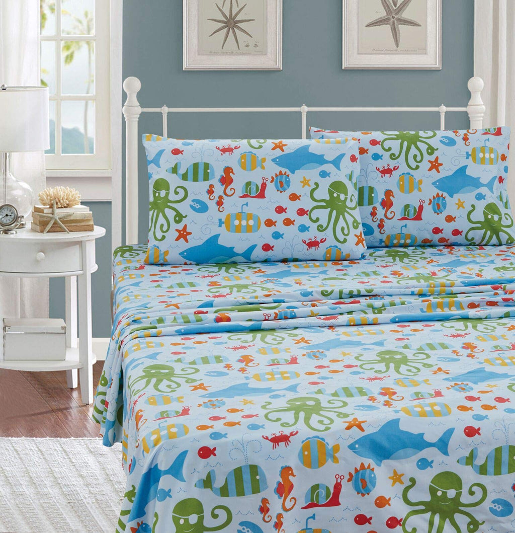 Kids Zone Home Linen Sheet Set Sea Life Octopus Crabs Fishes Whales Sharks Light Blue Green Red Orange New # Octopus (Full)