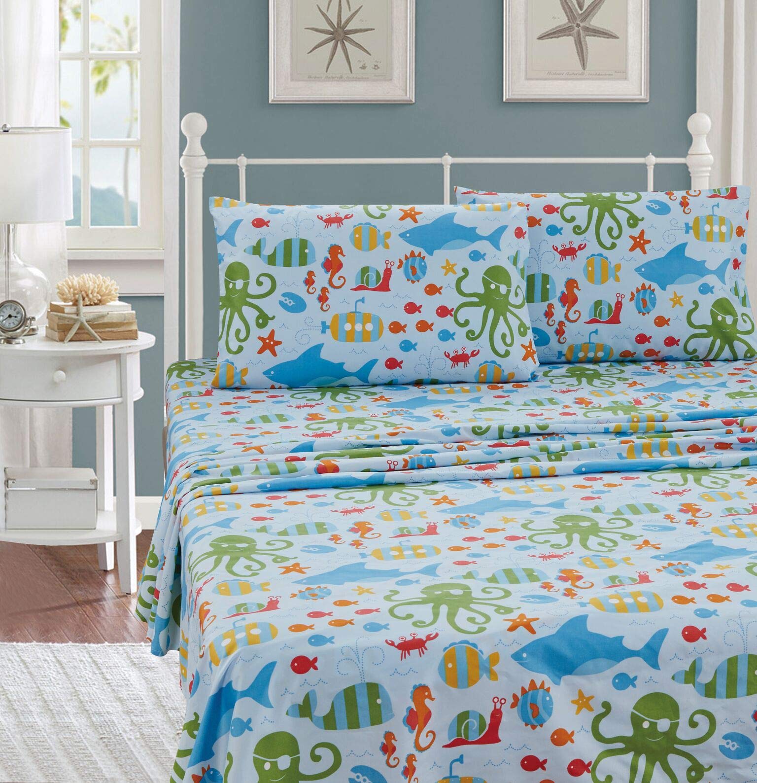 Kids Zone Home Linen Sheet Set Sea Life Octopus Crabs Fishes Whales Sharks Light Blue Green Red Orange New # Octopus (Full)