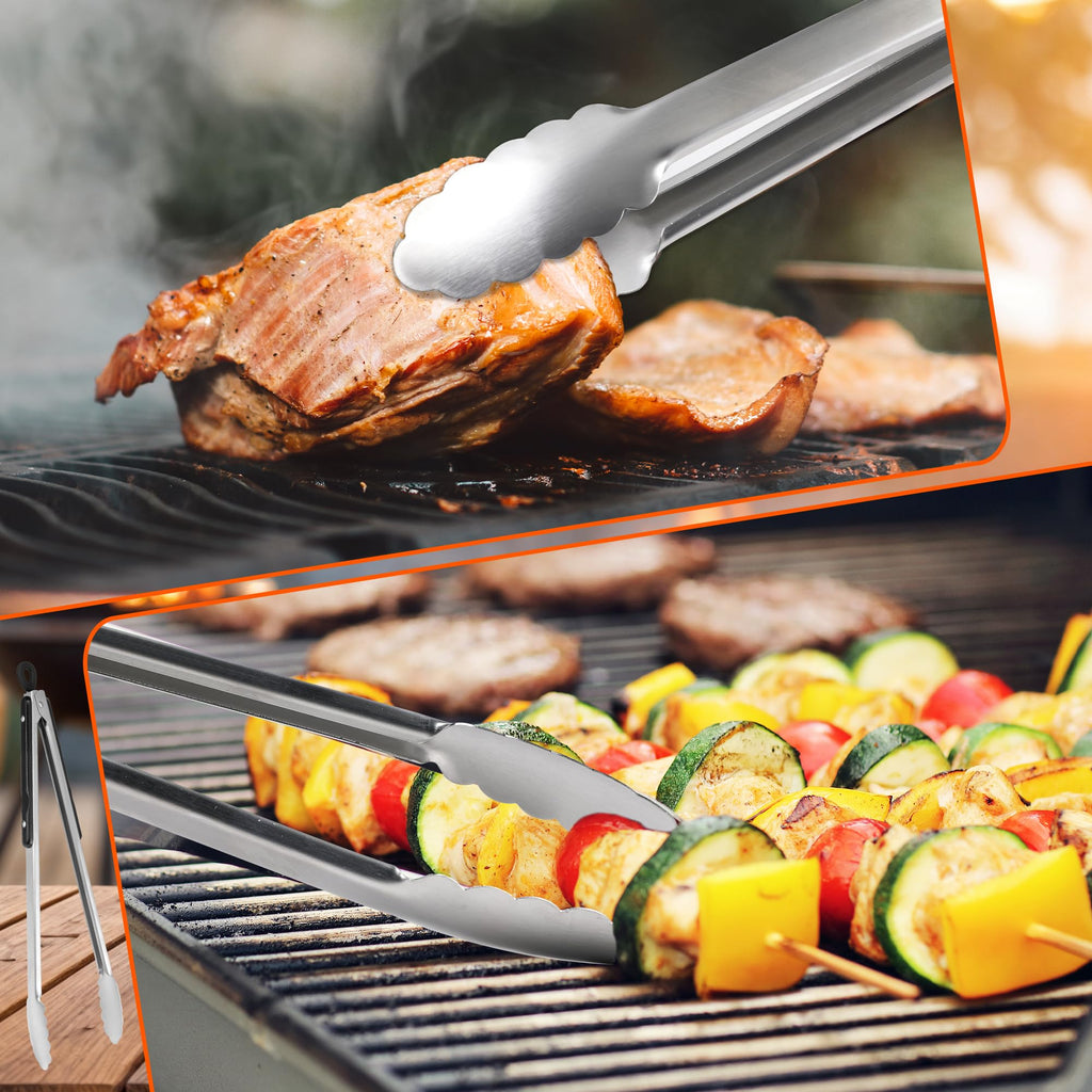 17-Inch Long Wood-Handled Grill Tongs, Stainless Steel Metal Tongs for Cooking, Grilling, Charcoal, Barbecue/BBQ, Buffet