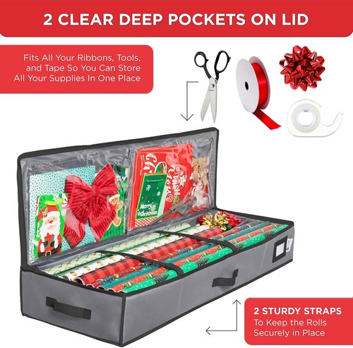 HOLDN’ STORAGE Premium Wrapping Paper Storage Container - Durable 600D Tear-Proof Design | Fits 27 Rolls, Extra Pockets for Ribbons & Bows, Gray