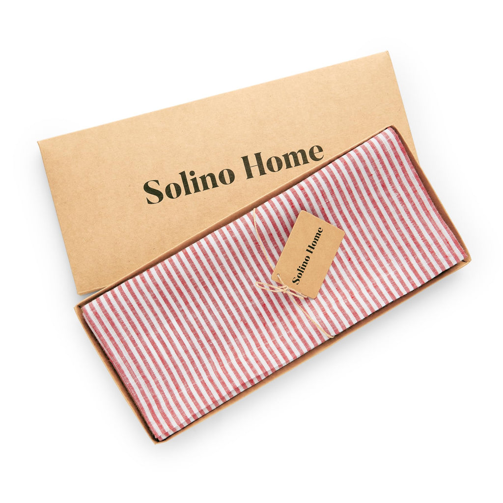 Solino Home Linen Table Runner 120 Inches Long - Narrow Stripe, 100% Pure Linen Red and White Table Runner 14 x 120 Inch for Dining, Mothers Day, Spring, Summer, Memorial Day
