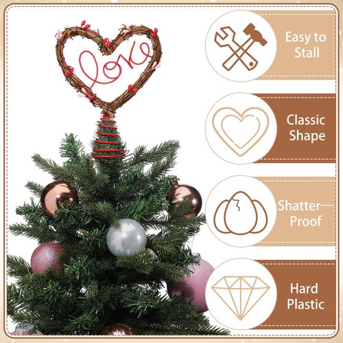 Gejoy 7 Inch Valentine Tree Topper Heart Tree Topper Rustic Rattan Treetop Valentines Love Wreath Decor with Red Pink Berry Heart for Valentines Wedding Holiday Party Wall Home Front Door Decor