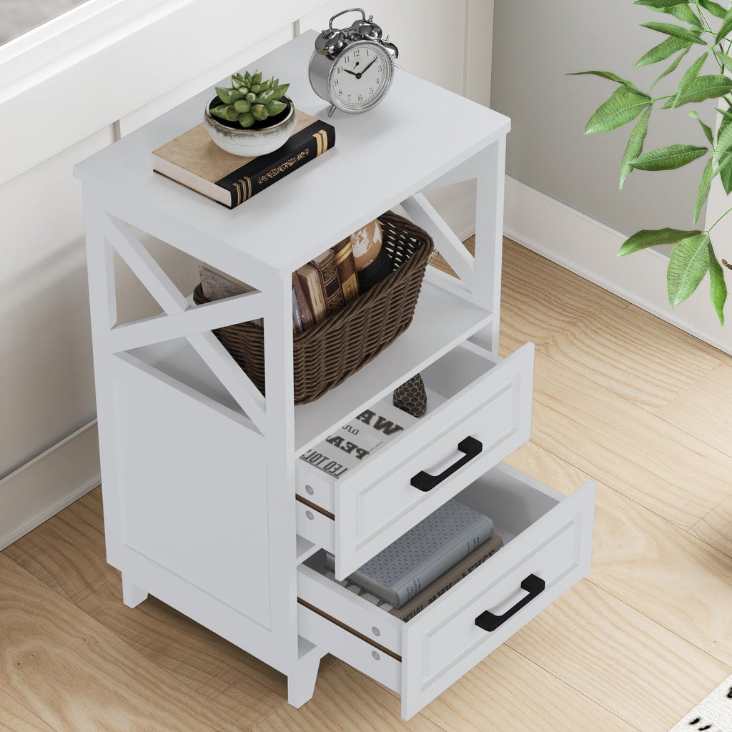 May in Color White Nightstand Set of 2, Tall Side Table, Farmhouse End Table with 2 Large Storage Drawers Cabinet, Wooden Rustic Bedside End Table for Bedroom, Home Office, White