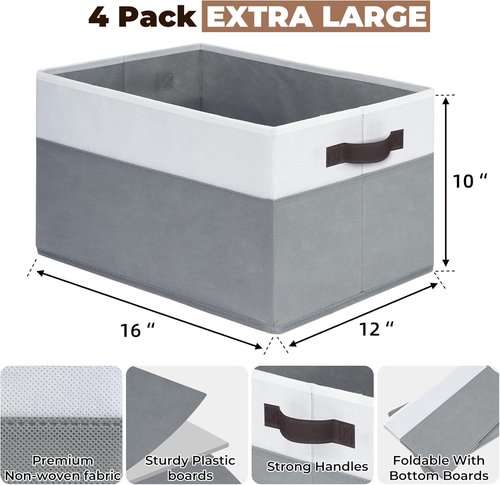 Criusia Extra Large Storage Bins - 4 Pack 16x12in Closet Organizers for Clothes, Toys & Blankets | Fabric Storage Cubes