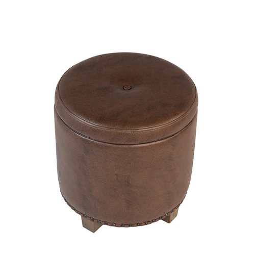 Homepop Home Decor | Upholstered Round Storage Ottoman with Nailheads| Ottoman with Storage for Living Room & Bedroom, Brown Faux Leather