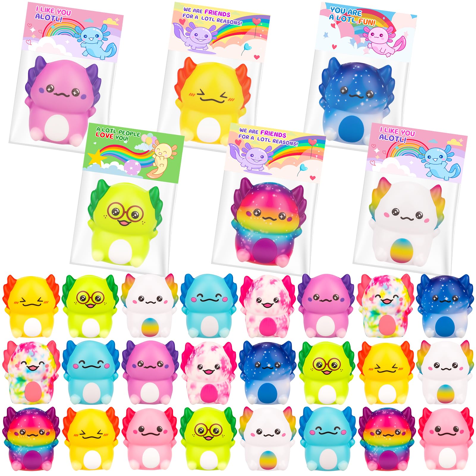PAKSPAK Valentines Day Gifts for Kids, 24PCS Valentine's Day Cards for Kids Classroom with Axolotl Squishy Toys, Valentine Stress Relief Toys for Kid School Classroom Exchange Gift Party Prize