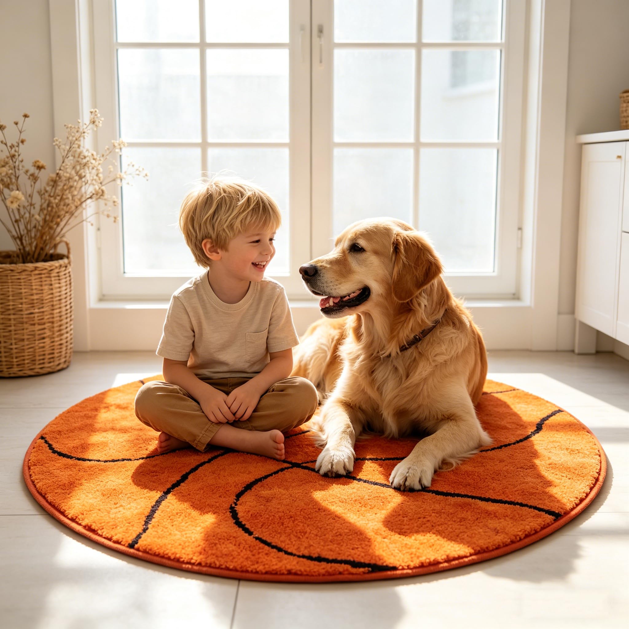 Fancytan Round Basketball Rug for Boys Bedroom, Washable Sports Round Rug for Kids Room, Basketball Room Decor, Orange (‌2'8", Round)