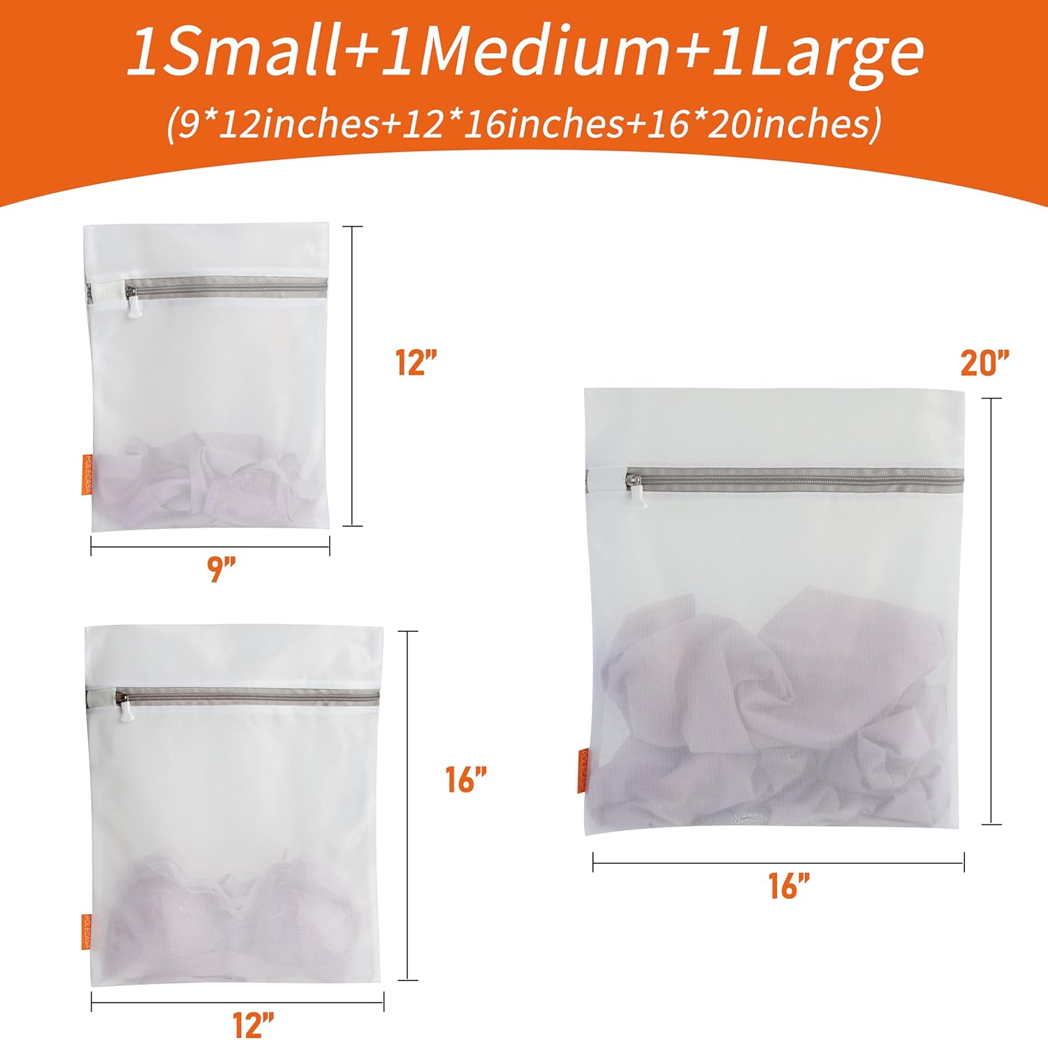 Polecasa Mesh Laundry Bags - 3Pcs Set with Sturdy Zipper for Delicates, Lingerie & Baby Clothes | 1 Large, 1 Medium, 1 Small
