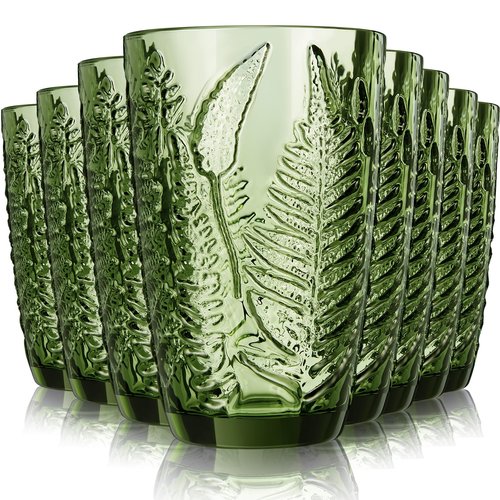 Reallnaive Green Drinking Glasses Set of 8, Boho Aesthetic Vintage Glassware Fern Carving Textured Tumbler Water Cups Embossed Pattern Drinkware Cocktail Glasses Set for Xmas Gifts(12 oz,Highball)