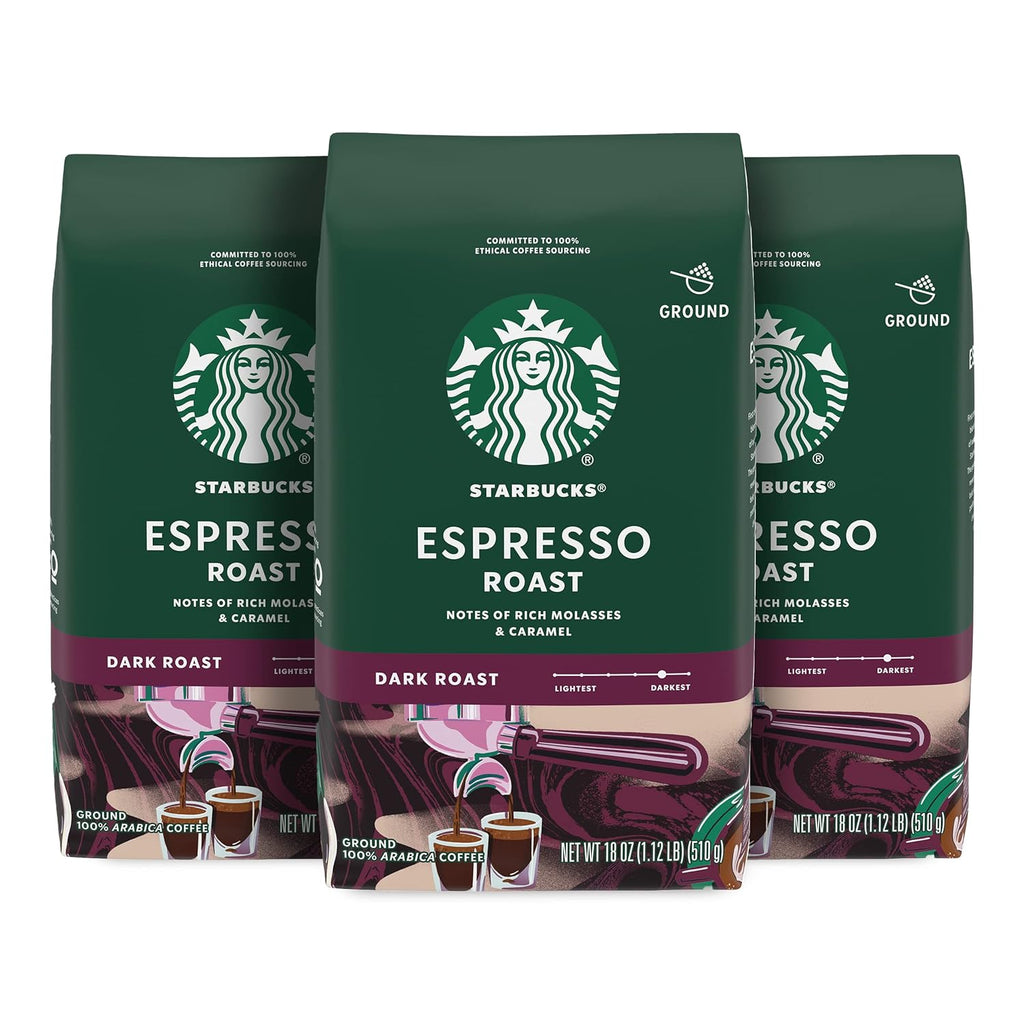 Starbucks Ground Coffee - Dark Roast Espresso Blend, 100% Arabica | 3 Bags (18 oz Each)