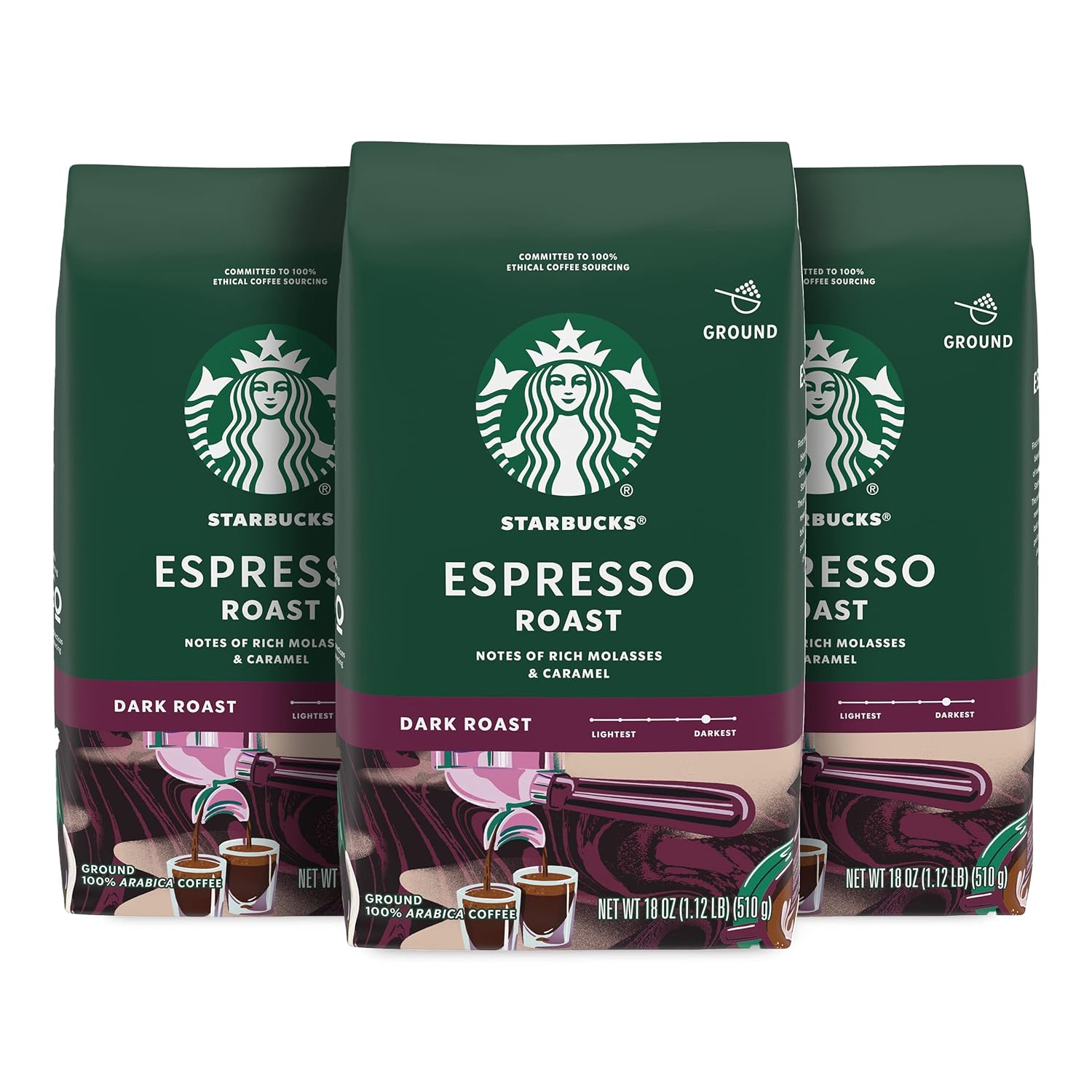 Starbucks Ground Coffee - Dark Roast Espresso Blend, 100% Arabica | 3 Bags (18 oz Each)