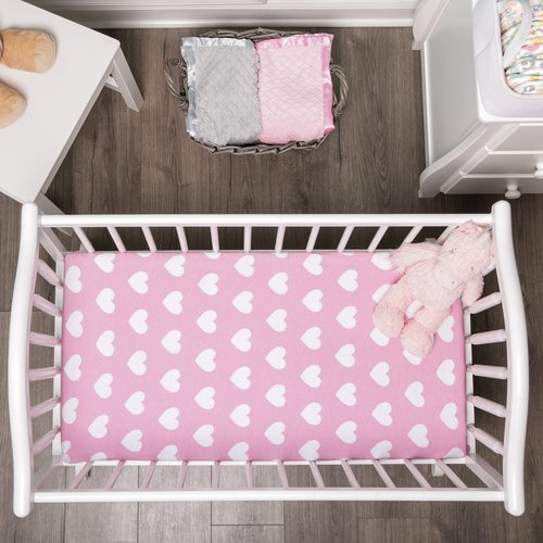 EVERYDAY KIDS 2 Pack Baby Cradle Sheets - Fitted Set for Baby Girl; 100% Cotton Jersey Knit, Breathable and Soft Cradle Mattress Pad Cover; Pink and White Heart Design Sheet and Gray Polka Dots Sheet
