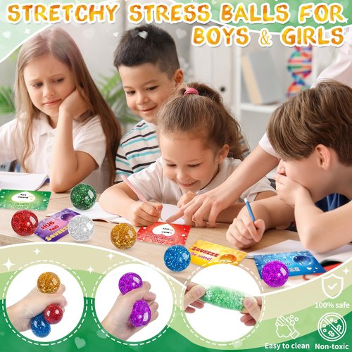 NEUBSAW 24 Packs Valentine's Day Cards with Gli-tter Stress Squishy Balls Toy for Classroom Exchange, Valentine's Gifts Party Favors for Boys Girls School, Valentine's Prizes for School