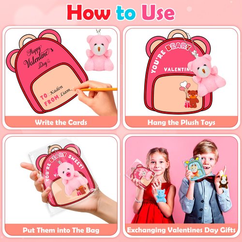 Valentines Day Gifts for Kids, 28 Pack Valentines Cards with Animals Plush Toys, Mini Stuffed Animal Keychain Bulk for Classroom Exchange School Prizes Valentine's Party Favor for Toddlers Boys Girls
