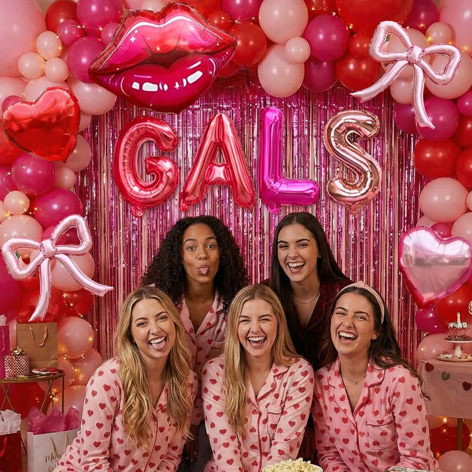 Galentine's Day Balloon Arch Kit - 133 Pcs Pink Red GALS Letter Balloons, Heart, Lip & Bow Foil Balloons with Pink Curtain for Valentine's Day, Bachelorette, Birthday Party Decorations