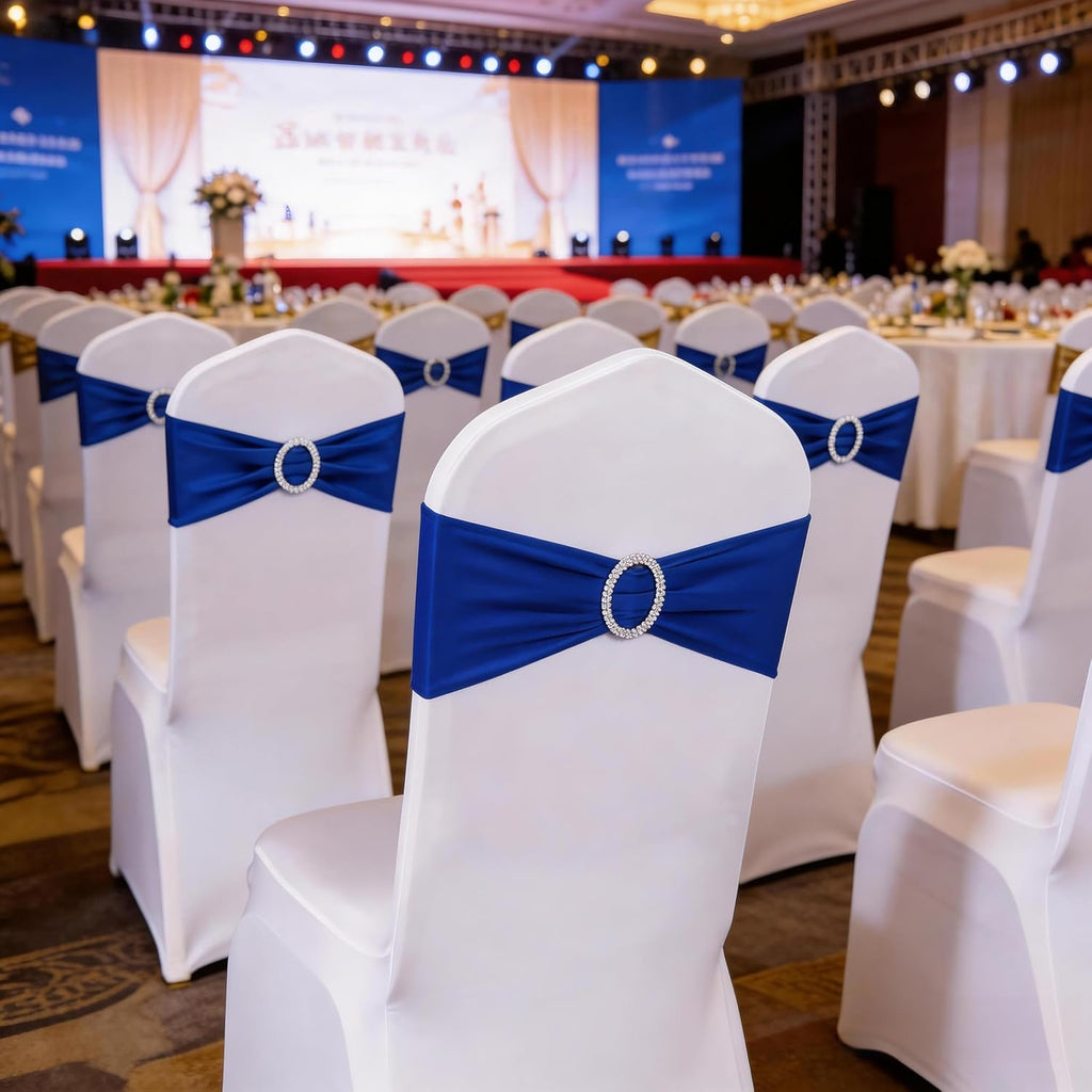 Spandex Royal Blue Chair Sashes - 100 Pack Wedding Chair Bands with Buckles for Events & Parties