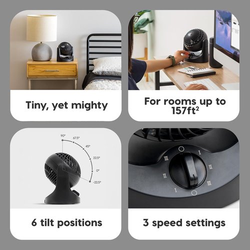 IRIS USA WOOZOO Mini Desk Fan - 3 Speed Air Circulator with 112° Adjustable Tilt & Quiet Motor - Black