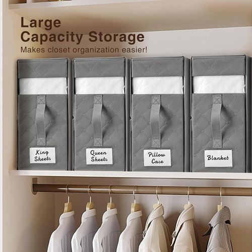 Homsorout Bed Sheet Organizers - Foldable Storage with Window & Labels | XL Grey Bedding Set, 6 Pack