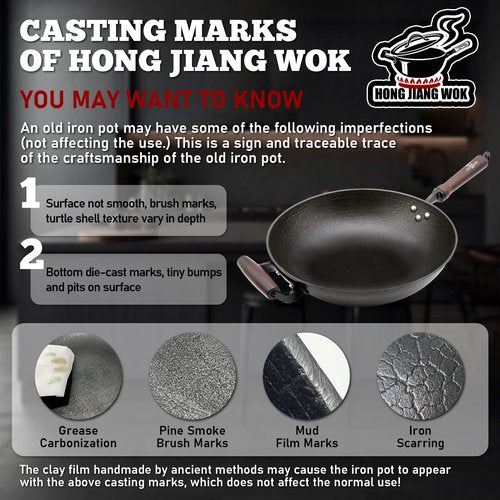 HONGJIANG Cast Iron Wok Pan with Lid, 12.6" Pre-Seasoned Flat Bottom Wok, Coating-Free Wok Stir Fry Pan, Compatible Traditional Chinese Wok for Induction, Electric, Gas, Open Fire