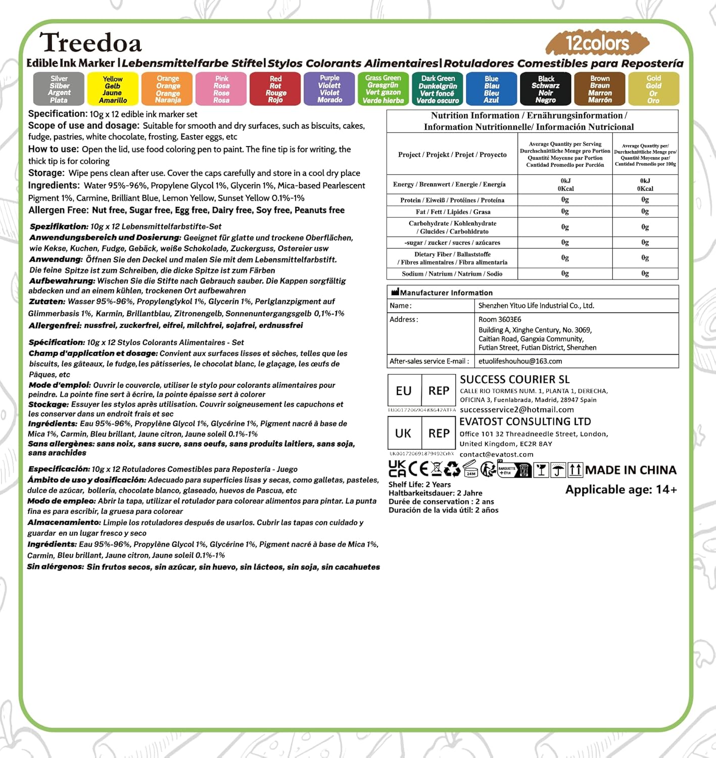 Treedoa Edible Markers - 12Pcs Food Coloring Pens for Cookie Decorating | Double-Sided Fine & Thick Tips