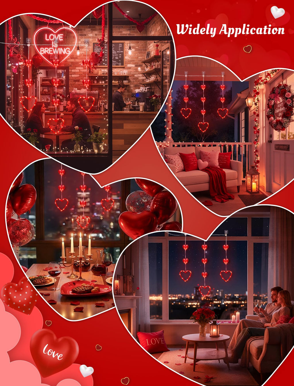 MYGOTO Valentines Day Window Lights, 65 LED 10 Red Heart Lights USB/Battery Operated, Timer Memory with 8 Modes Hanging Valentines Decorations Light for Valentine's Day Anniversary Wedding Decor