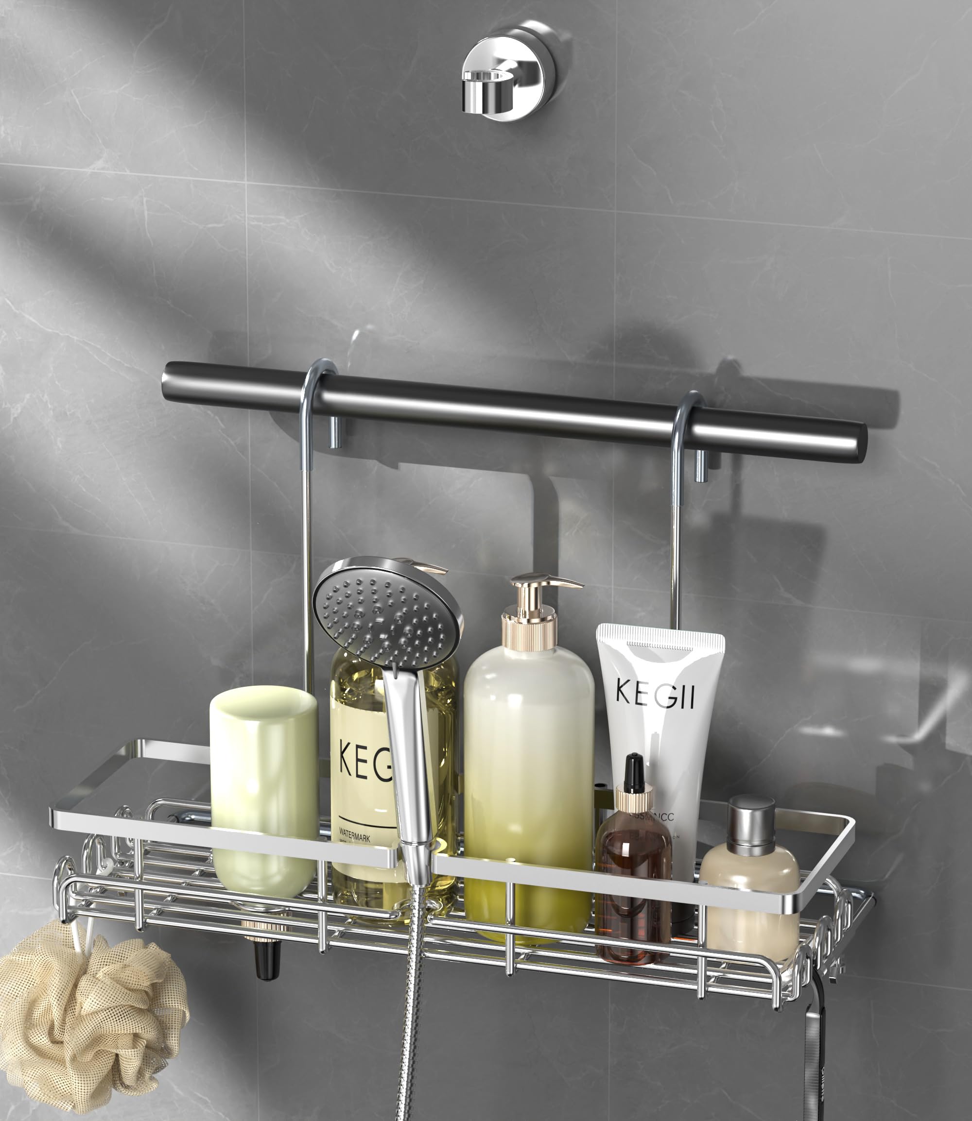 KEGII Hanging Shower Organizer - Shower Rack Hanging Rustproof, Shower Chair Caddy with Shower Head Holder for Post-Surgery Patient/Elderly User, Hanging Shower Basket on Bath Seat