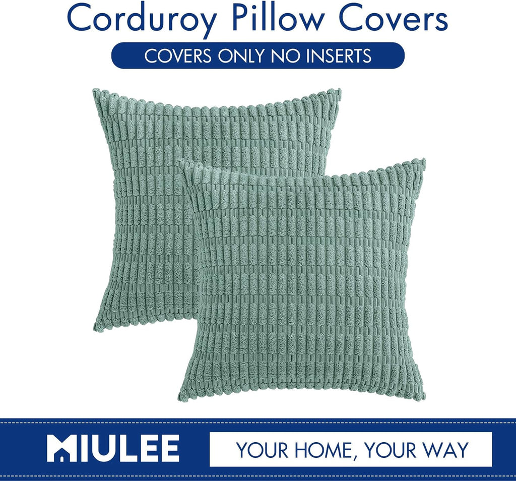 MIULEE Corduroy Throw Pillow Covers - Soft Boho Striped Design | 16x16 Inch Teal Green for Modern Home Decor