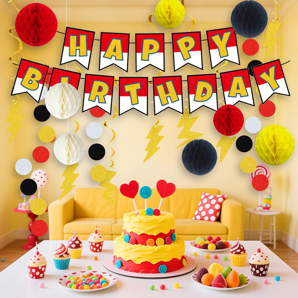 Cartoon Animation Birthday Party Decorations, Party Supplies Birthday Banner, Honeycomb Balls, Gold Theme Hanging Swirls, Circle Dots Garland, for Boys and Girls