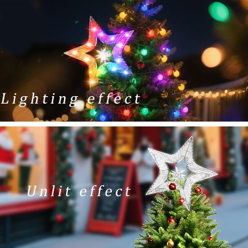10" Christmas Tree Star Topper with Lights, Shatterproof Plastic Star Christmas Tree Topper Lighted for Christmas Tree Decorations, RGB Glow & USB Plug in