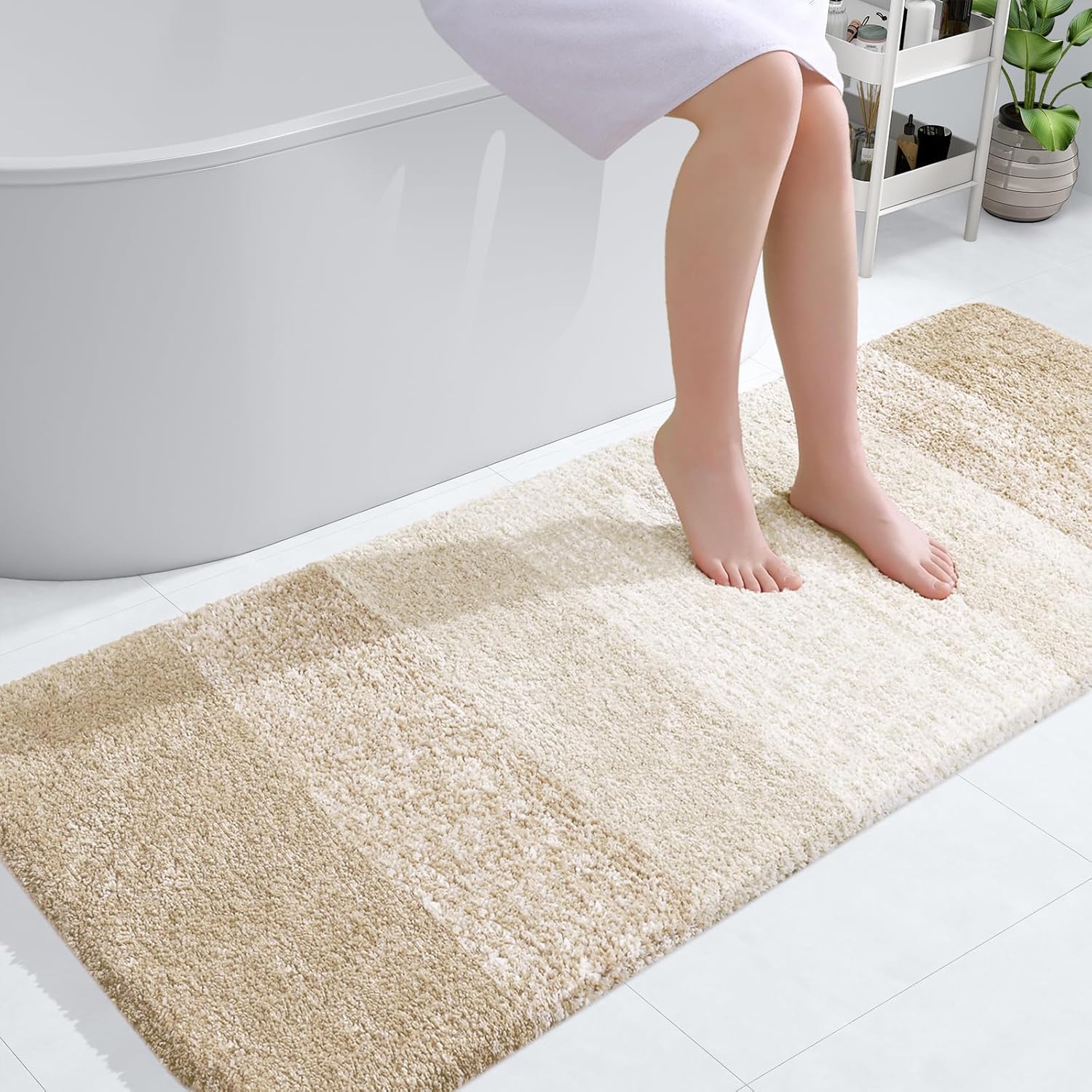 OLANLY Bathroom Runner Rugs - Extra Soft Microfiber, Quick Dry & Washable | 54x24, Light Beige