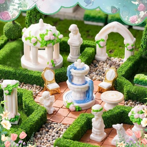 Exasinine Mini Garden Furniture Set - 15 Pcs Micro Resin Patio Ornaments for DIY Fairy Garden Decor
