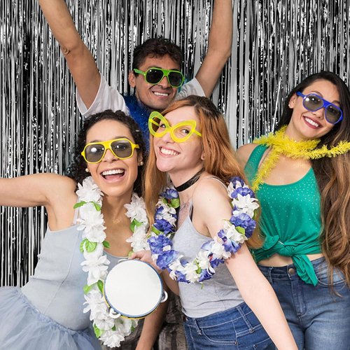 Foil Curtain Backdrop by [Brand Name] - Black Metallic Tinsel Fringe | 2 Pack for Parties & Celebrations
