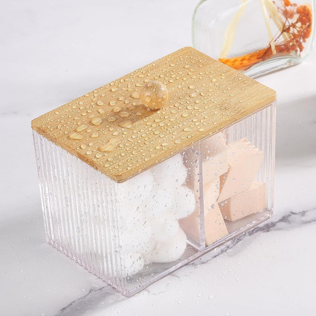 Ohlove Qtip Holder - Bamboo Lids & 3 Compartments | Clear Plastic Cotton Ball Dispenser