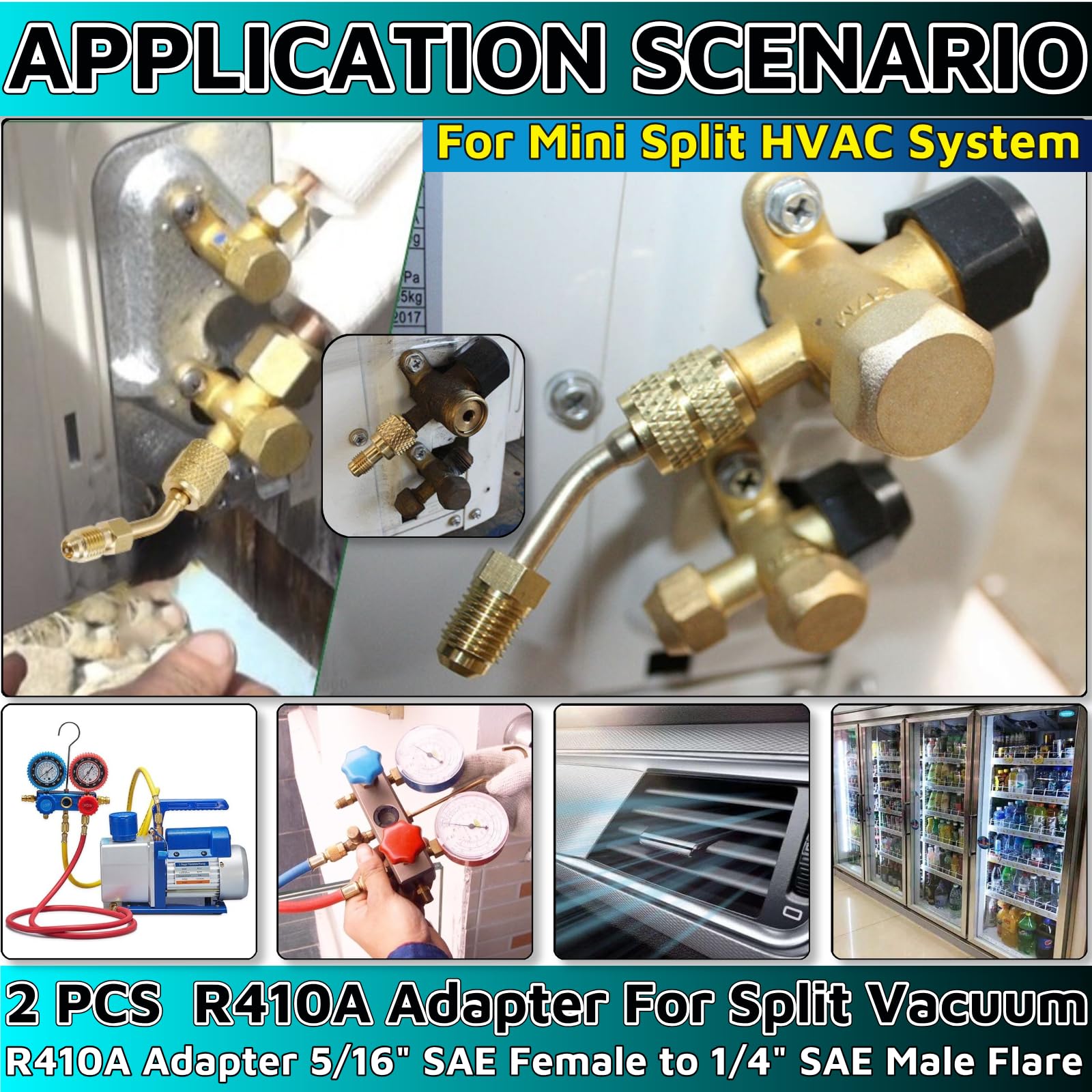 R410a Adapter Mini Split Adapter, 5/16 To 1/4 HVAC for Air Conditioner & Hose Connectors HVAC Tools for R410a Refrigerant Mini Split Recharging & More（2PCS 45°Angle)