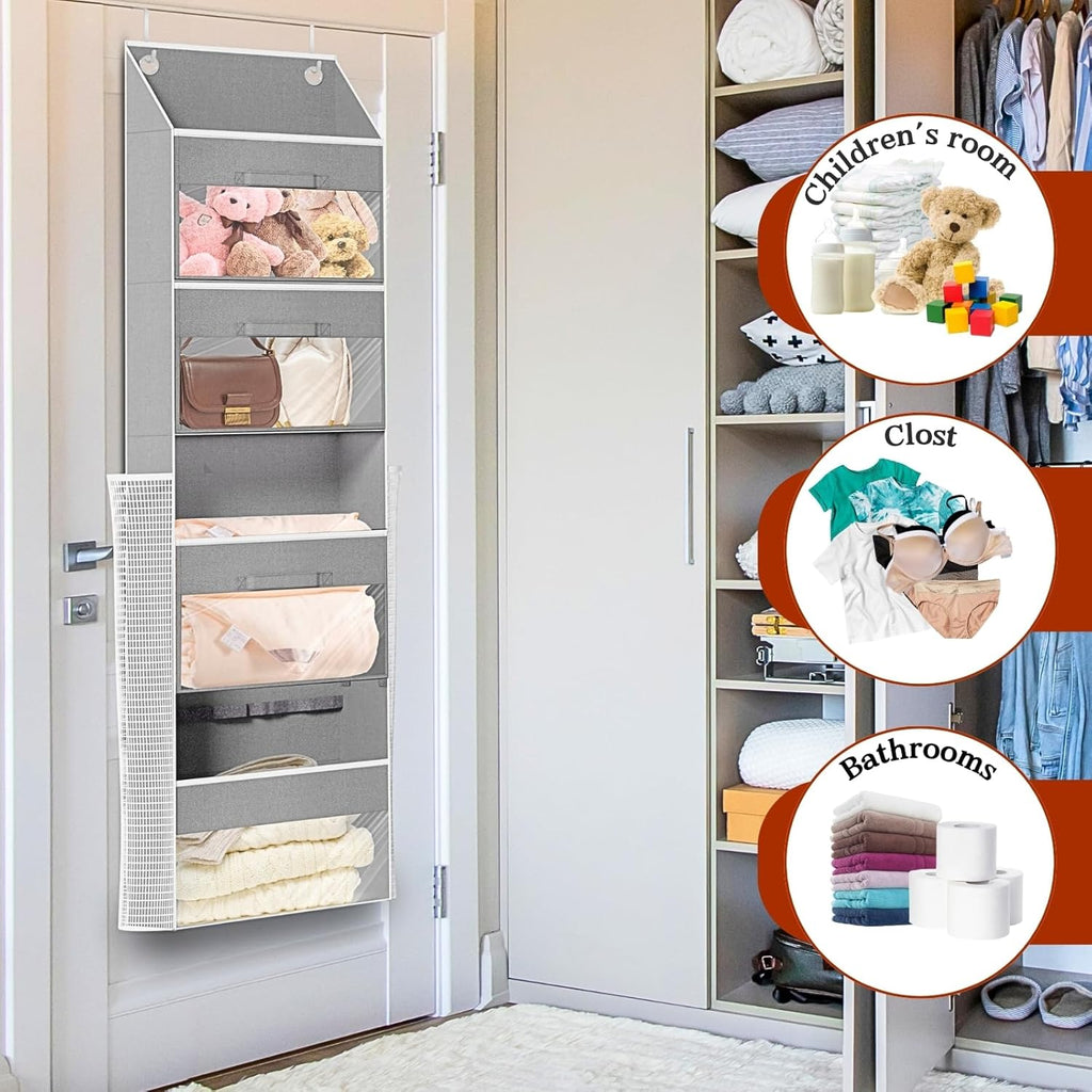 Skiennix Over Door Wrapping Paper Organizer - Light Grey Storage with 3 Removable Drawers & Side Pockets