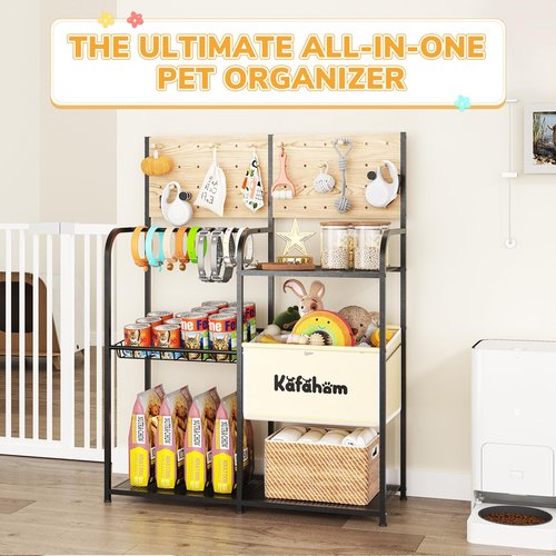 KAFAHOM Dog Toy Basket with Pegboard, Dogs Toy Bin with Storage Organizer, All-in-One Dog Stuff Box & Essential Holder, Perfect Basket for Dog Toys in Living Room, Great Gifts for Pet Lovers, Black