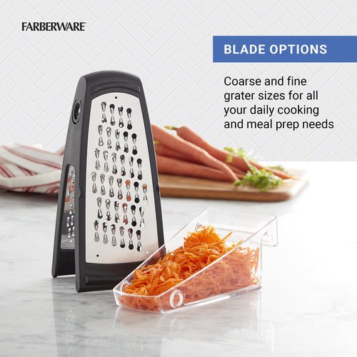 Farberware Professional Stainless Steel Grater with Container, Coarse and Fine Blades, Nonslip Base, Easy-Grip Handle, Dishwasher Safe