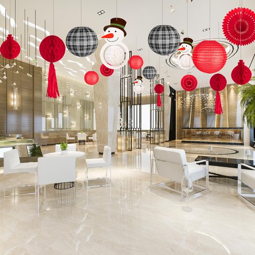 14Pcs Black Red Buffalo Check 3D Snowman Christmas Paper Lantern Decoration, Snowflake Honeycomb Tissue Paper Fan Garland Set, Indoor Outdoor Happy Lunar New Year Ornament Party Supply Kit 12,10,8''