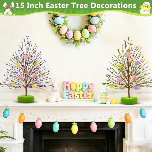 TURNMEON Easter Decorations 2 Pack Easter Tree with 14 Pastel Eggs Ornaments and Floral Berry Blossom, 15'' Tabletop Artificial Tree Easter Decor for Spring Party Table Centerpiece Room Home