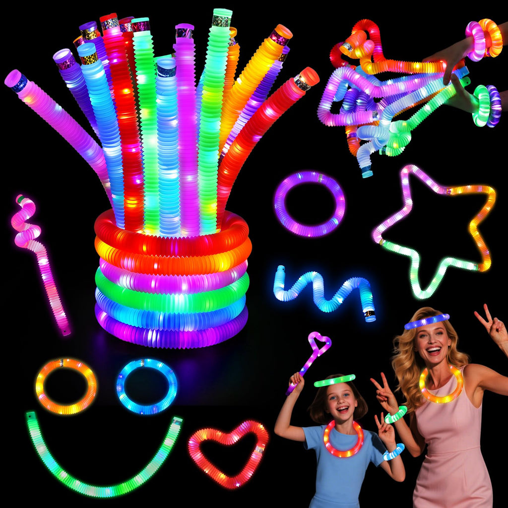 LovesTown 24PCS Light Up Glow Sticks Pop Tubes for Party Favor, Glow in the Dark Party Favor Supplies for Kids Supplies, Light Up Necklace Bracelet Accessories for Boys Girls Birthday