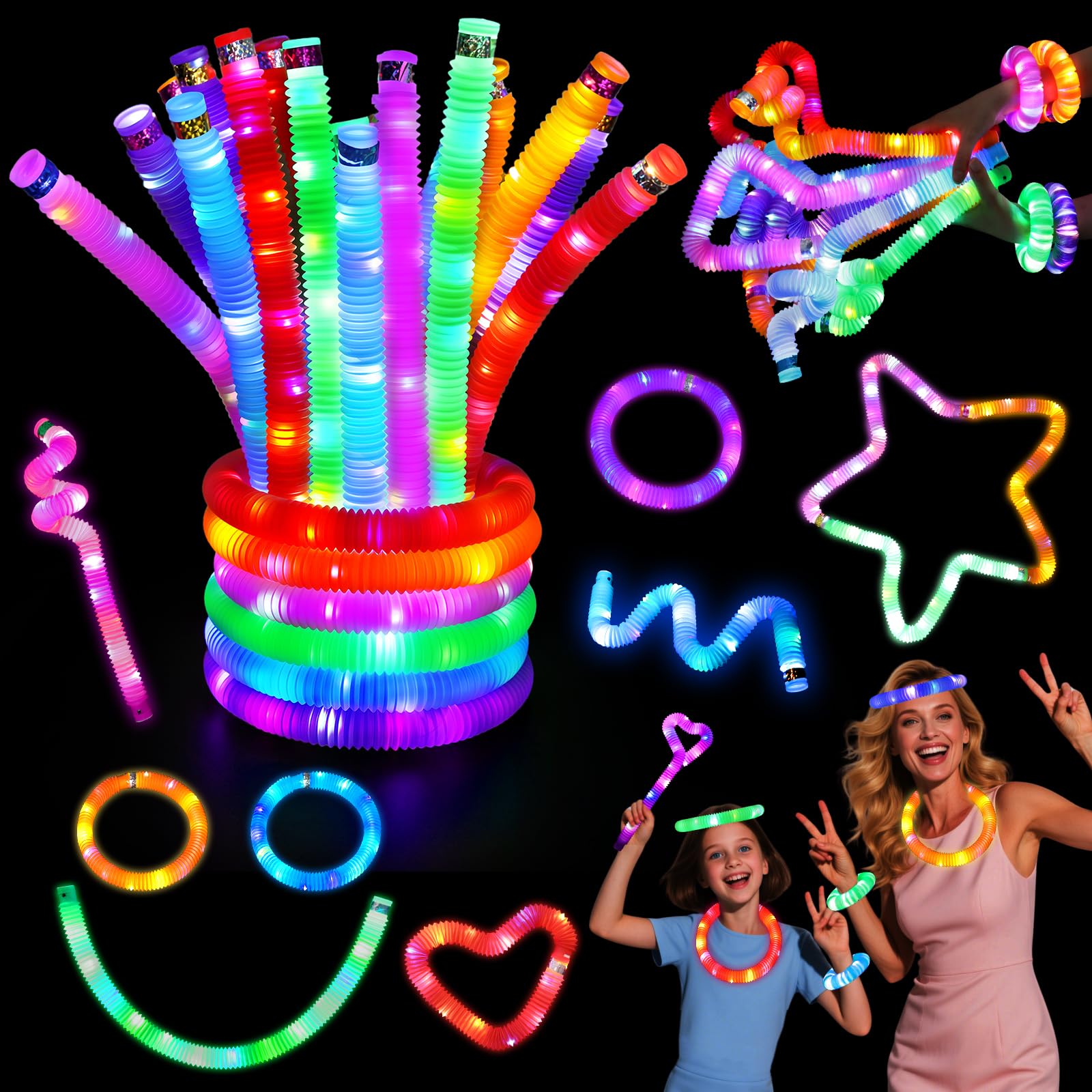 LovesTown 24PCS Light Up Glow Sticks Pop Tubes for Party Favor, Glow in the Dark Party Favor Supplies for Kids Supplies, Light Up Necklace Bracelet Accessories for Boys Girls Birthday