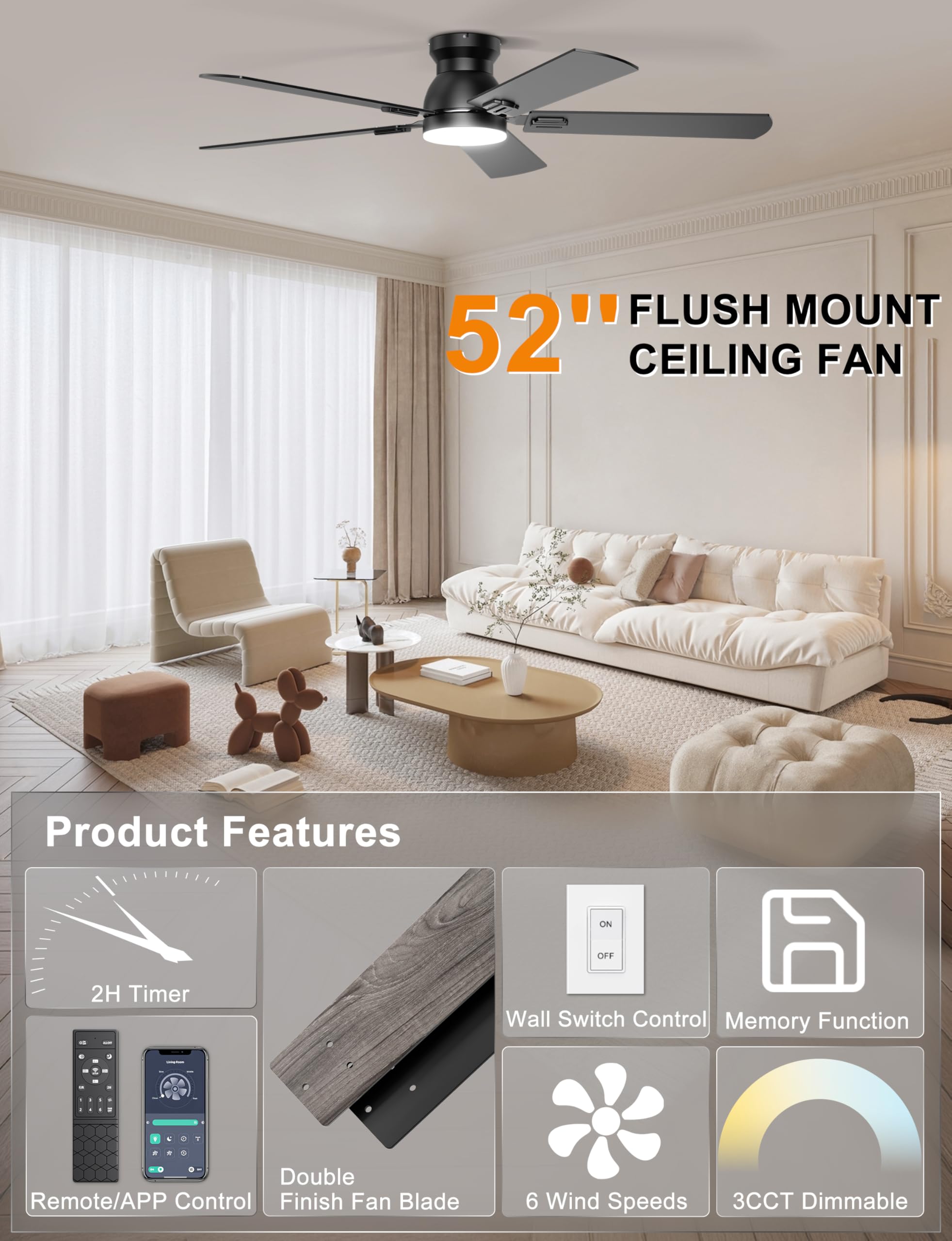 Ohniyou Ceiling Fans with Lights, 52 Inch Low Profile Ceiling Fan with Light and Remote/APP Control, Flush Mount, Dimmable, Qiuet DC Motor, Black Ceiling Fan for Bedroom, Living Room